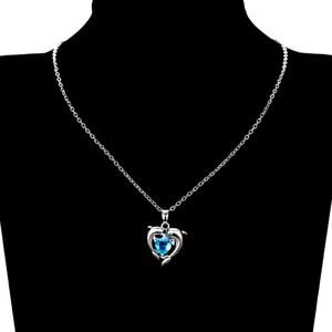 925 Sterling Silver Necklace w/ Heart Dolphin CZ Ocean Auquamarine Woman's Gift